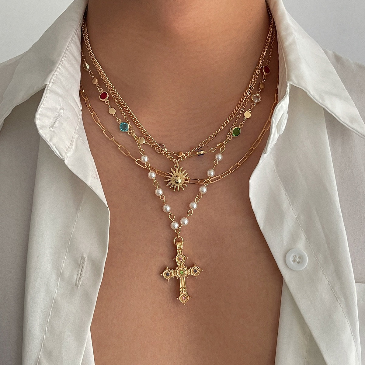 Cross necklace for both men and women, high-end hip-hop fashion sun pendant crystal choker jewelry,Necklace set