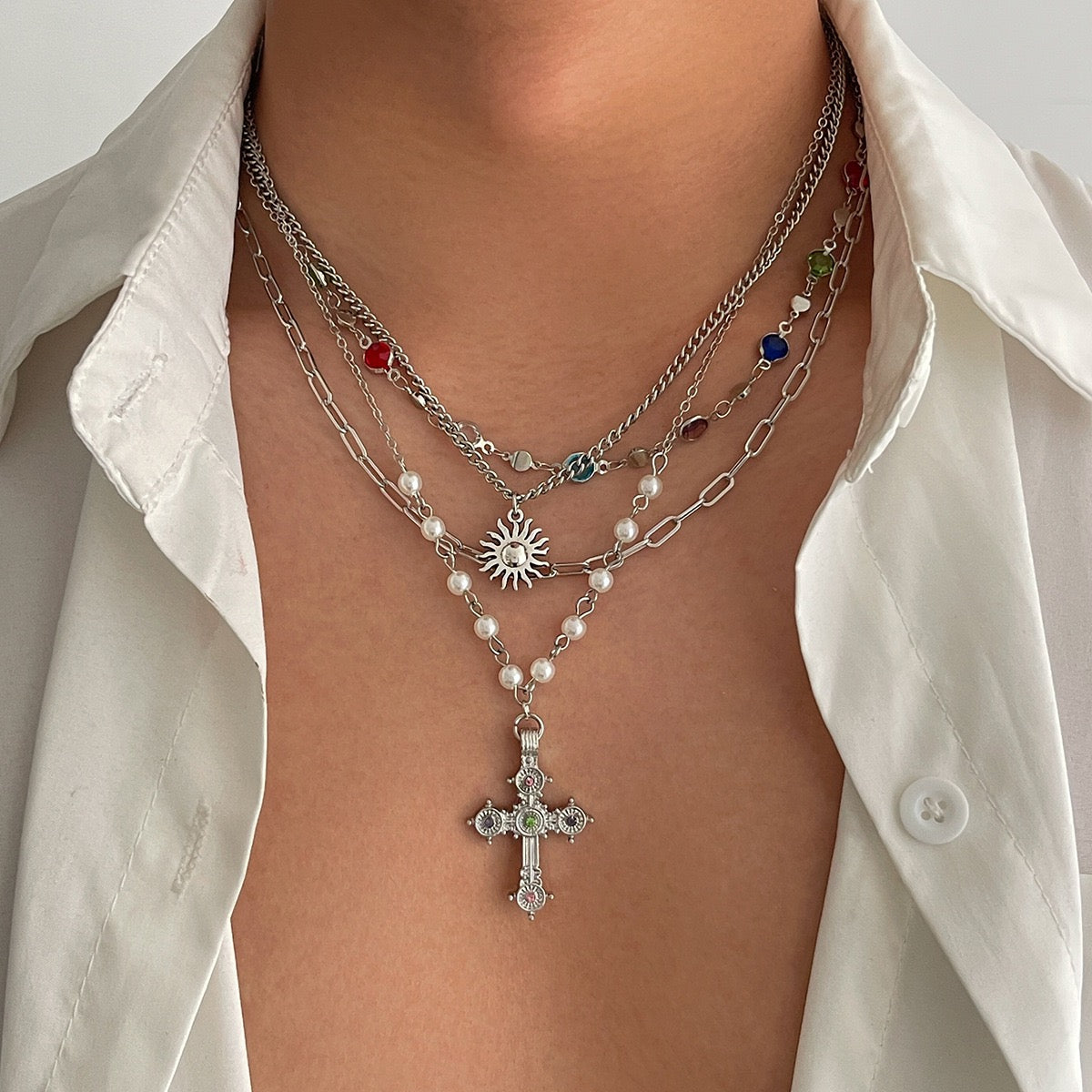 Cross necklace for both men and women, high-end hip-hop fashion sun pendant crystal choker jewelry,Necklace set