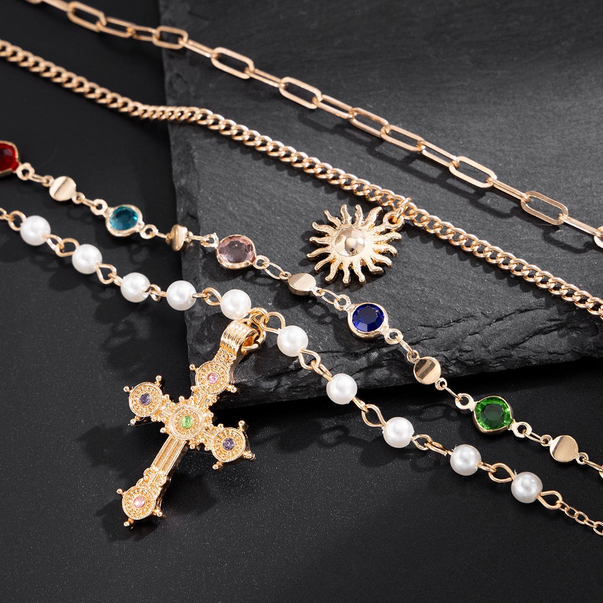 Cross necklace for both men and women, high-end hip-hop fashion sun pendant crystal choker jewelry,Necklace set
