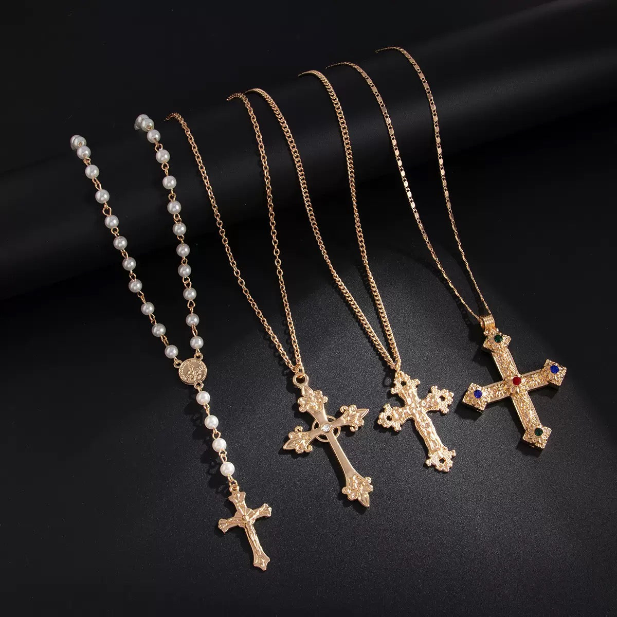Cross pendant necklace for both men and women, trendy hip-hop, unique, pearl spliced choker chain, necklace set