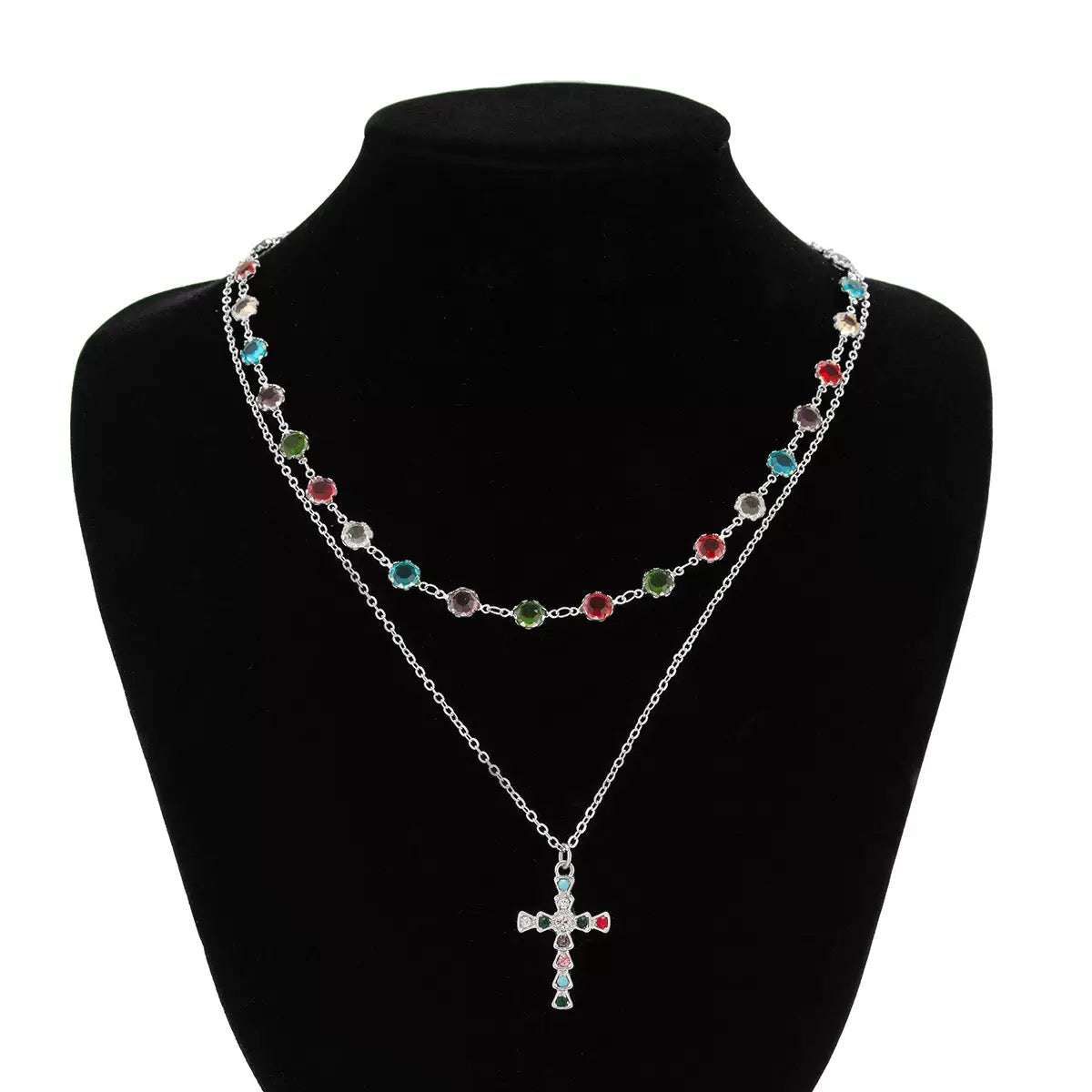 Crystal cross pendant necklace for both men and women, vintage and high-end feeling, stackable collar chain set.