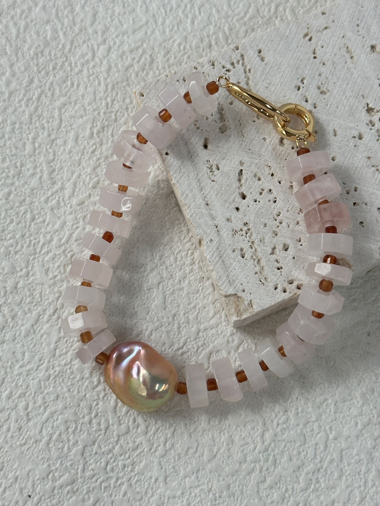 Natural freshwater pearl rose pink crystal color Baroque bracelet,Handmade pearl, girl gift ,mother gift.Silver Gold Plated 18k