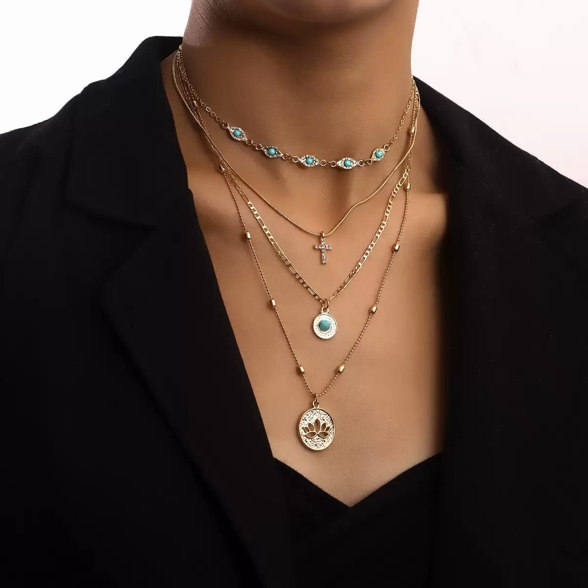 Fashionable ins multi-layer small hole chain hollow flower diamond-encrusted cross pendant necklace