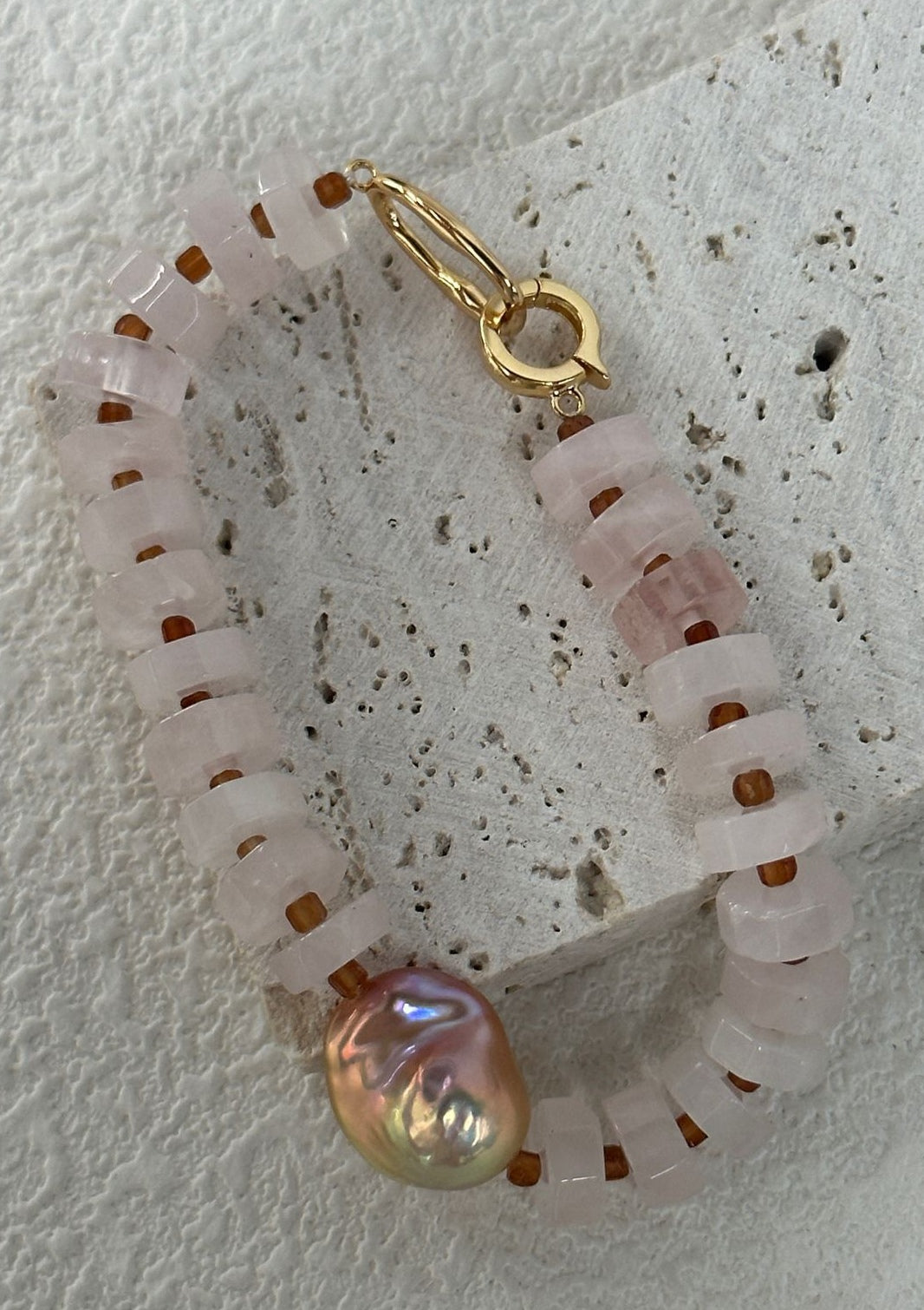 Natural freshwater pearl rose pink crystal color Baroque bracelet,Handmade pearl, girl gift ,mother gift.Silver Gold Plated 18k