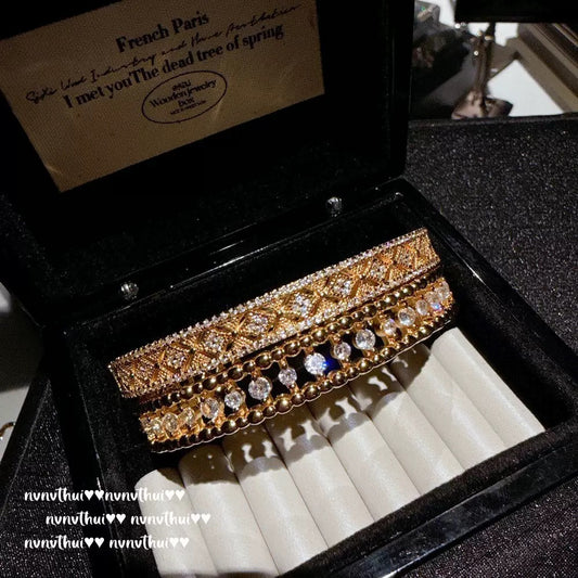 Ancient-style golden filigree and chiseled inlaid diamond flower-patterned bracelet, new Chinese style, retro sparkling diamond and zircon beads bracelet