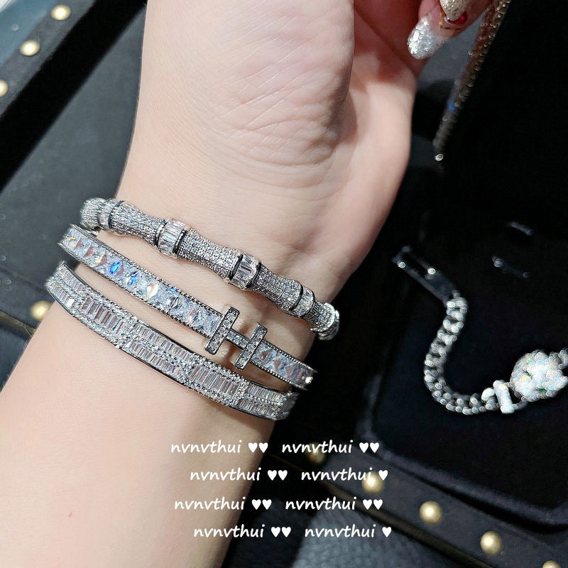 Crisp letter gemstone bracelet, 18K gold-plated jewelry, zirconia bamboo node-shaped sparkling diamond bracelet, adjustable opening.