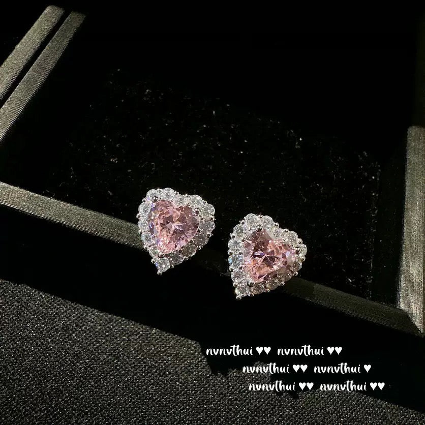 Sweetheart Peach Pink Heart-shaped Gemstone Bracelet, Starry River Sparkling 18K Gold Plated, Candy Pink Heart-shaped Zircon Necklace, Ring, Set