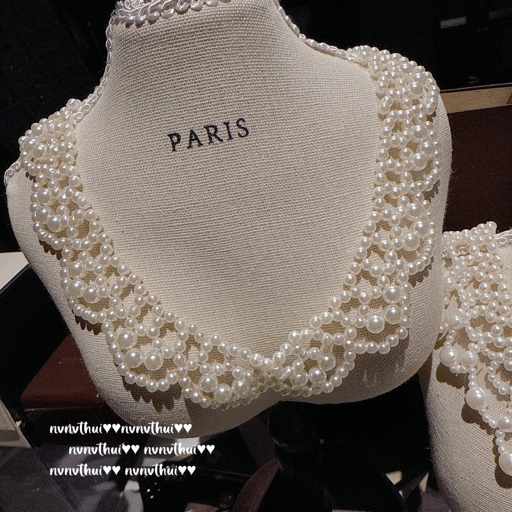 Lace pearl petal beaded necklace, Vintage brushed ball beads necklace, Layered wearing