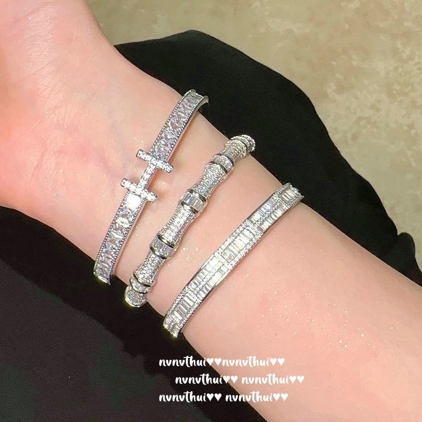 Crisp letter gemstone bracelet, 18K gold-plated jewelry, zirconia bamboo node-shaped sparkling diamond bracelet, adjustable opening.