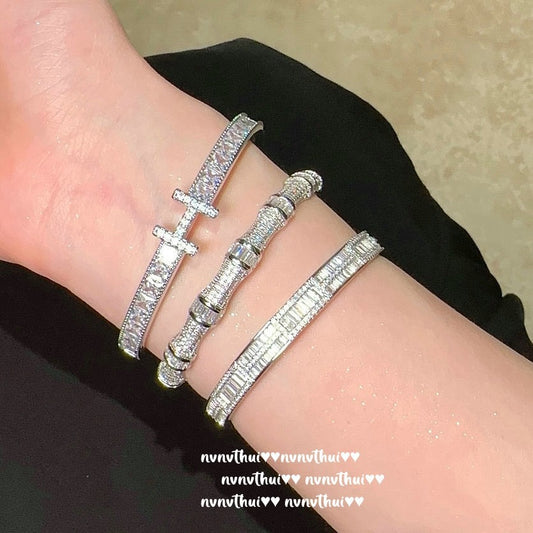 Crisp letter gemstone bracelet, 18K gold-plated jewelry, zirconia bamboo node-shaped sparkling diamond bracelet, adjustable opening.