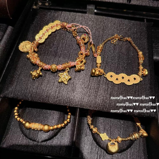 Ancient-style golden inlaid star-shaped small yellow fish coiled bracelet, new Chinese style, rich lady, copper coin gourd fortune bead bracelet