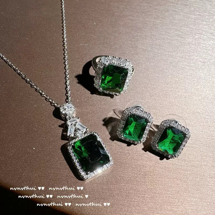 Columbian emerald gemstone ring with an antique feel, 18K gold plated, peacock green geometric zircon earrings set
