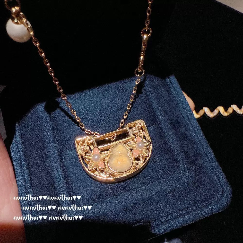 Ancient-style filigree peach, cardamom, gourd and peace lock necklace, new Chinese style, eight-sided wealth-bringing copper coin ring set