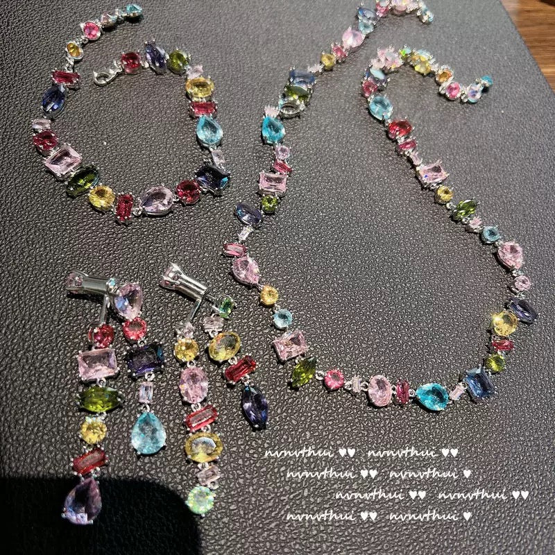 Colorful Candy Colored Gemstone Necklace, Designer 18K Gold Plated Rainbow Zircon Crystal Bracelet Set