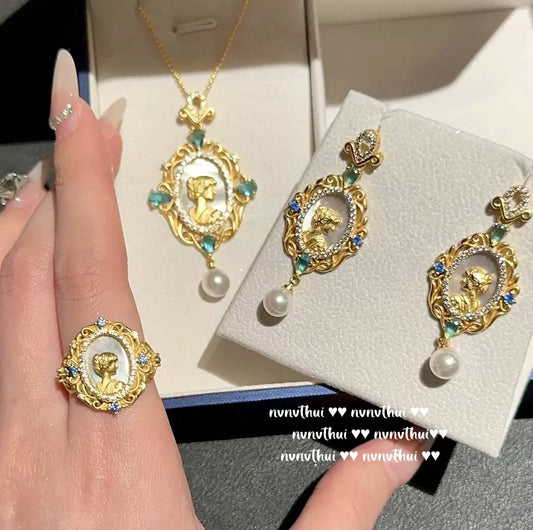 Babylonian Goddess Mother-of-Pearl Necklace with Textured Gold Plated 18K Gold, Honeycomb Goddess Zircon and Pearl Earrings