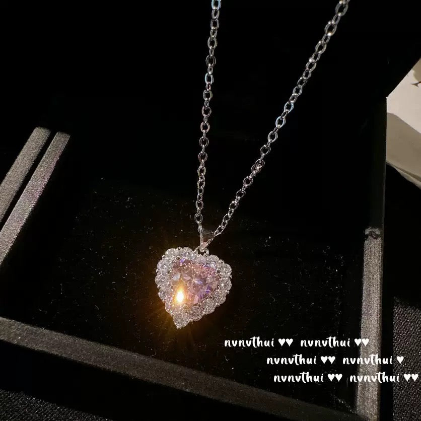 Sweetheart Peach Pink Heart-shaped Gemstone Bracelet, Starry River Sparkling 18K Gold Plated, Candy Pink Heart-shaped Zircon Necklace, Ring, Set