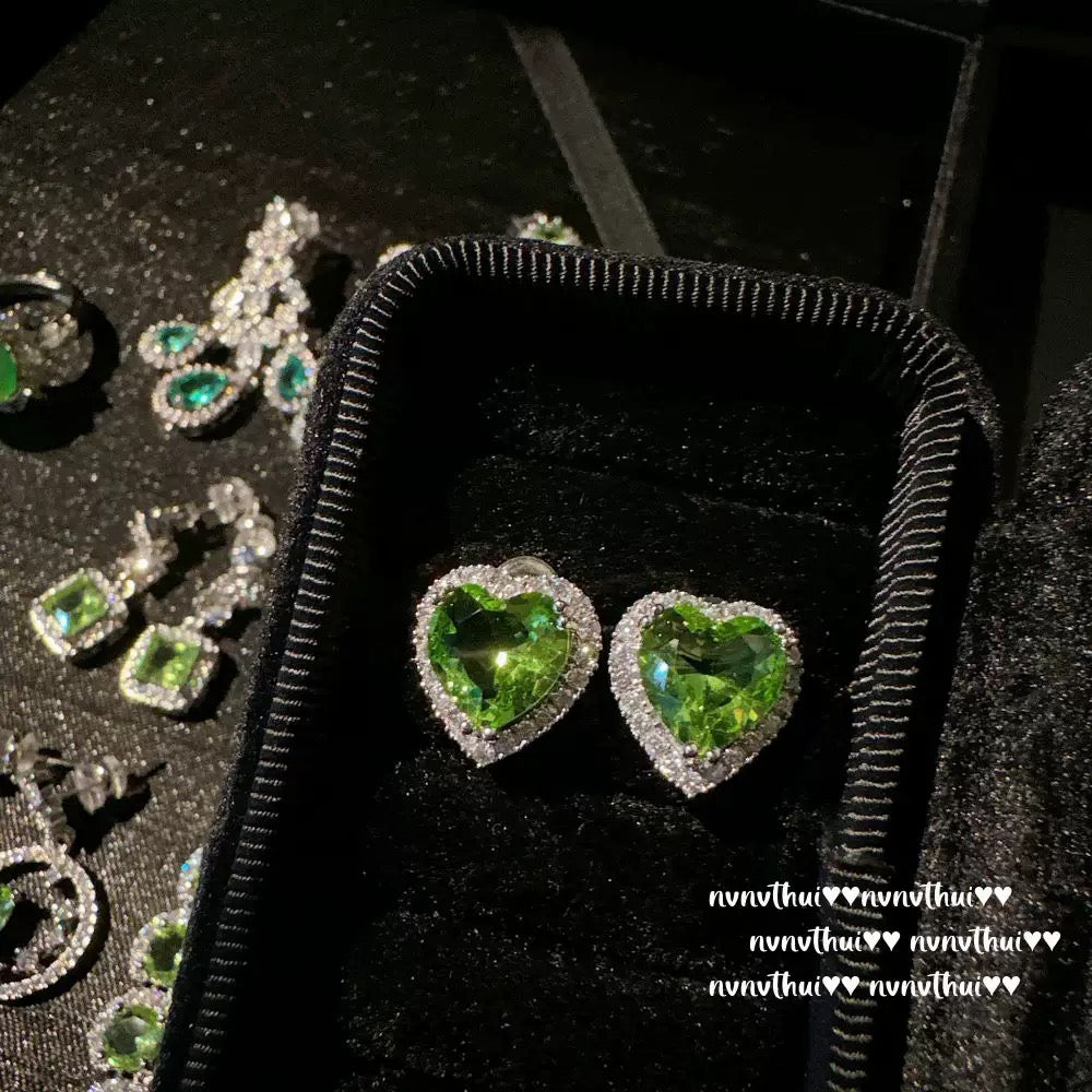 Mojito green round geometric gemstone bracelet, sparkling, 18K gold plated, mint green heart-shaped cubic zirconia earrings