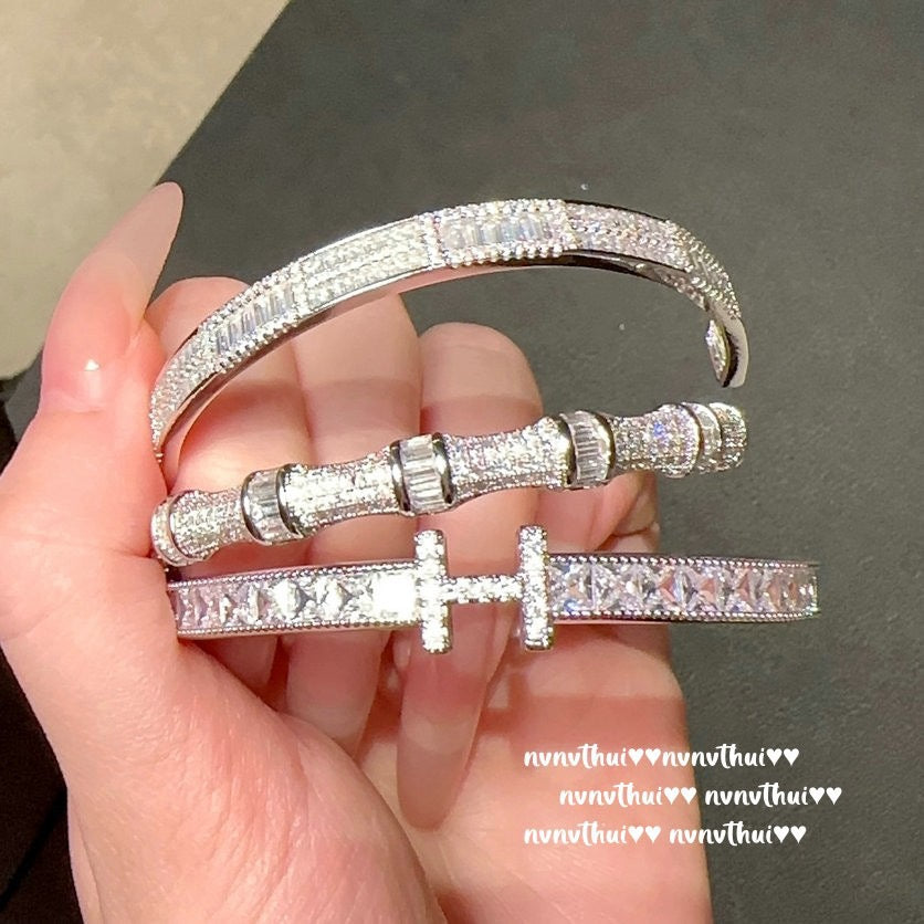 Crisp letter gemstone bracelet, 18K gold-plated jewelry, zirconia bamboo node-shaped sparkling diamond bracelet, adjustable opening.