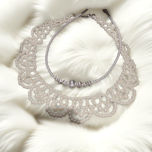 Lace pearl petal beaded necklace, Vintage brushed ball beads necklace, Layered wearing