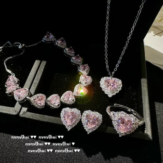 Sweetheart Peach Pink Heart-shaped Gemstone Bracelet, Starry River Sparkling 18K Gold Plated, Candy Pink Heart-shaped Zircon Necklace, Ring, Set