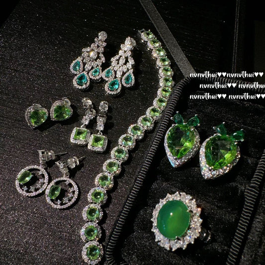 Mojito green round geometric gemstone bracelet, sparkling, 18K gold plated, mint green heart-shaped cubic zirconia earrings