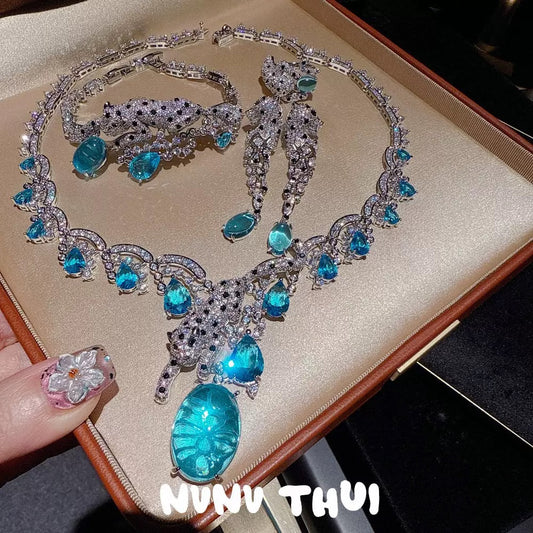 Jewelry, Italian vintage leopard egg-shaped gemstone necklace, wedding banquet, yellow fluorite leopard bracelet, set，blue