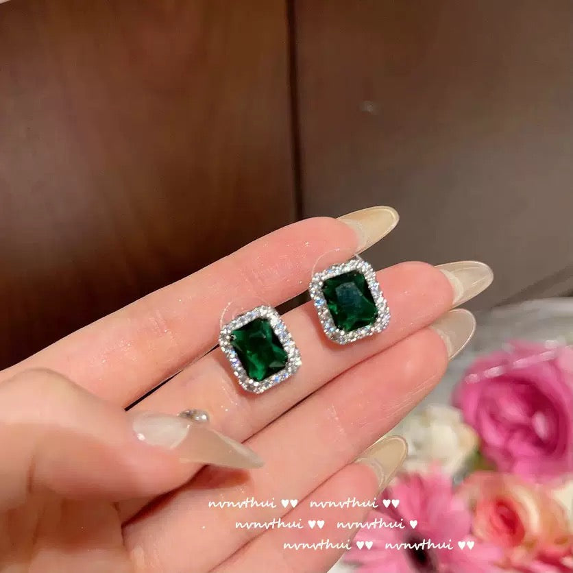 Columbian emerald gemstone ring with an antique feel, 18K gold plated, peacock green geometric zircon earrings set