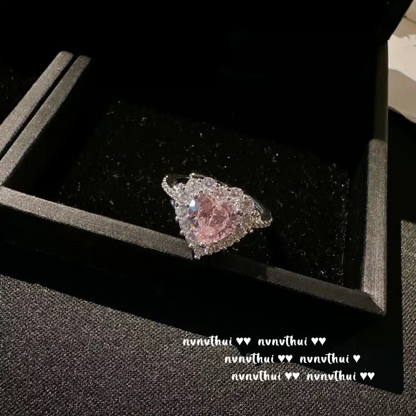 Sweetheart Peach Pink Heart-shaped Gemstone Bracelet, Starry River Sparkling 18K Gold Plated, Candy Pink Heart-shaped Zircon Necklace, Ring, Set