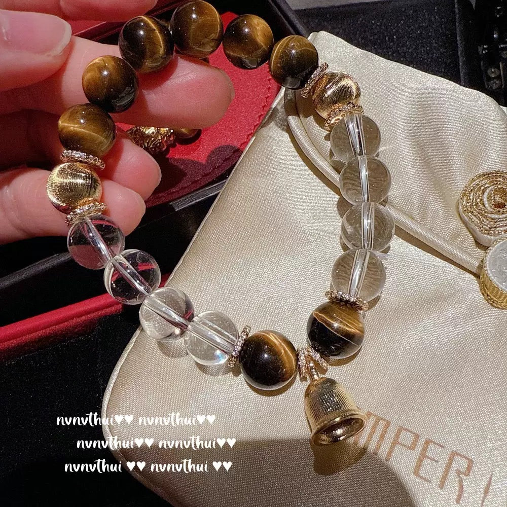 Ancient-style golden brushed ball-shaped tigereye stone bell crystal bracelet, new Chinese-style laurel rabbit saffron-yellow beeswax bracelet