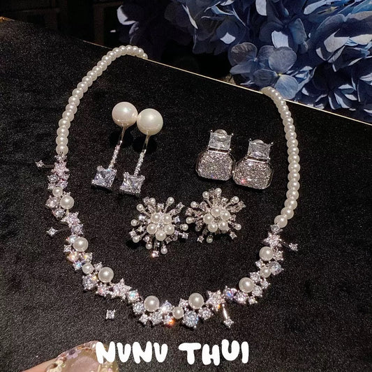 Jewelry, starry sky pearl necklace, high-end custom for banquets, starlight geometric fish-mermaid pearl earrings set
