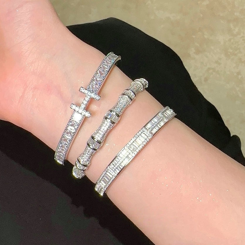 Brilliant letter gemstone bracelet plated with 18K gold, zircon bamboo shaped sparkling diamond bracelet with adjustable opening