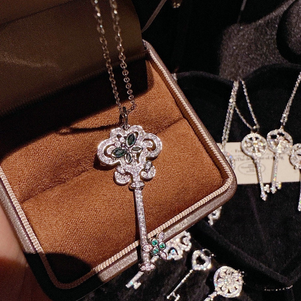 Floral Iris Key Heart shaped Gemstone Key Necklace Sunflower Sparkling Diamond Key Necklace Combination