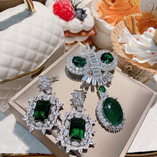 Oil painting peacock emerald earrings plated with 18K gold multi section emerald zircon kite brooch necklace set