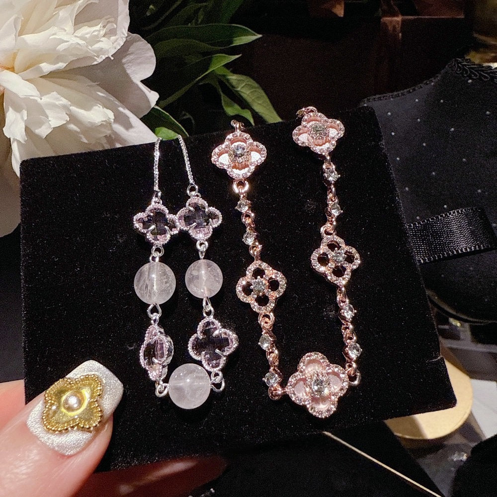 Dali Retro Camellia Gemstone Earrings, Light Luxury, High Grade Floral Beimu Zircon Bracelet Set