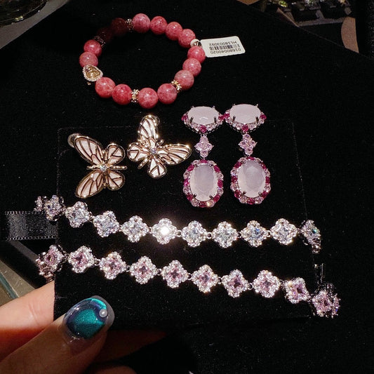 Filigree Gilded Peach Flower Sea Rose Fluorite Gourd Flower God Handstring Jewelry Pollen Zircon Bracelet Set