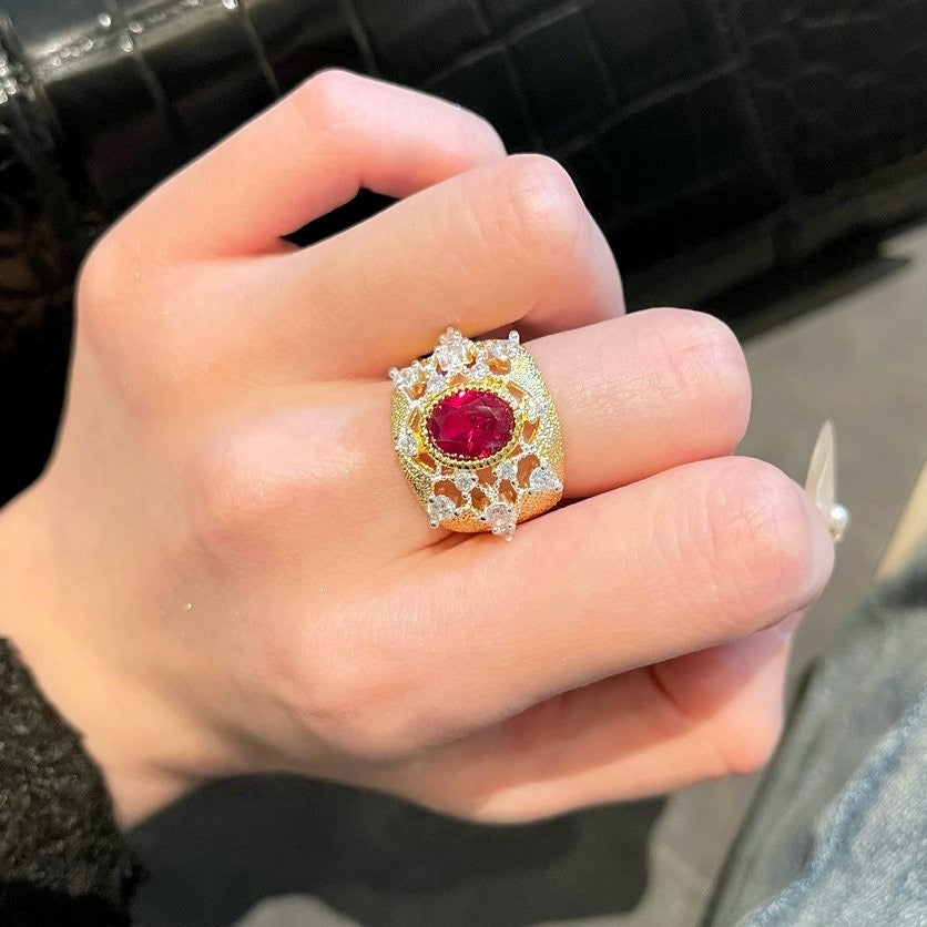 Weaving pattern carved gold snowflake gemstone ring Vintage plated 18K gold rouge powder cubic sugar zircon ring layered