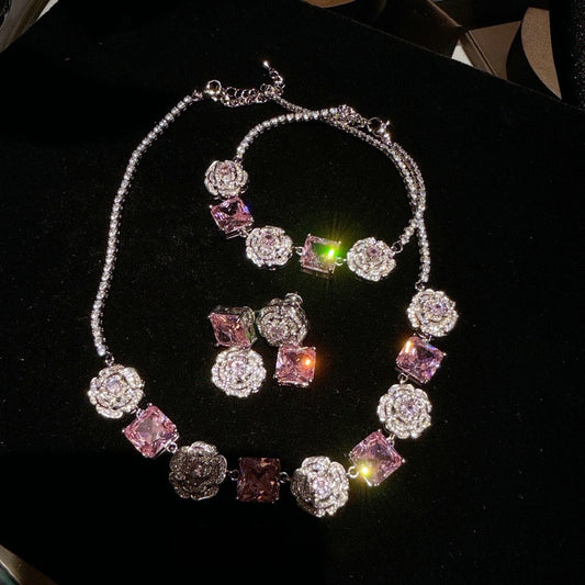 Flower Fairy Rose Pink Square Gemstone Necklace Papalacha 18K Gold Plated Camellia Pollen Zircon Bracelet