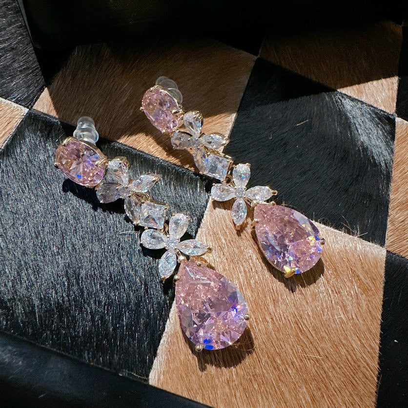 Papalacha pink gemstone grape string earrings with antique feel plated 18K gold Barbie pink flower bouquet zircon earrings