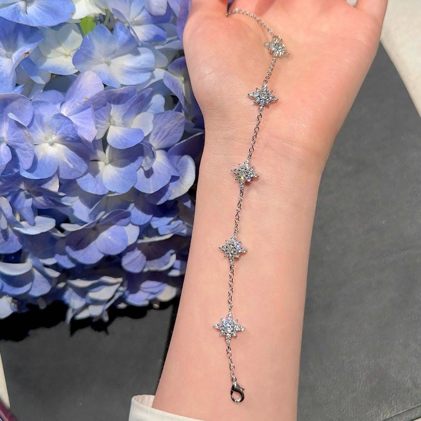 Sparkling Star River Meteor Gem Bracelet with 18K Gold Star Charm Square Sugar Zircon Ring Stacked
