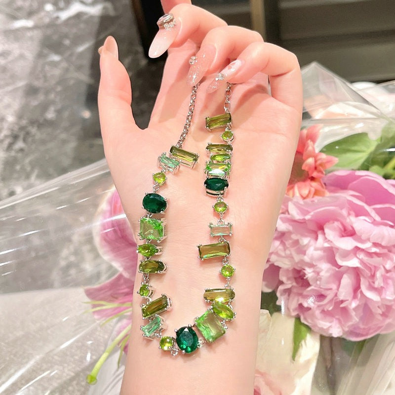 Lake Light Water Shadow Peacock Green Irregular Gemstone Necklace Designer Plated with 18K Gold Color Treasure Gradient Zircon Neck Chain