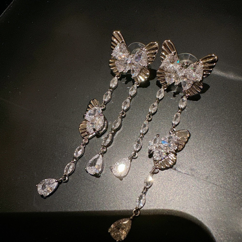 Fish Girl Colorful Beimu Butterfly Gem Earrings Rich heiress plated with 18K gold Water Drop Butterfly Zircon Long Earrings