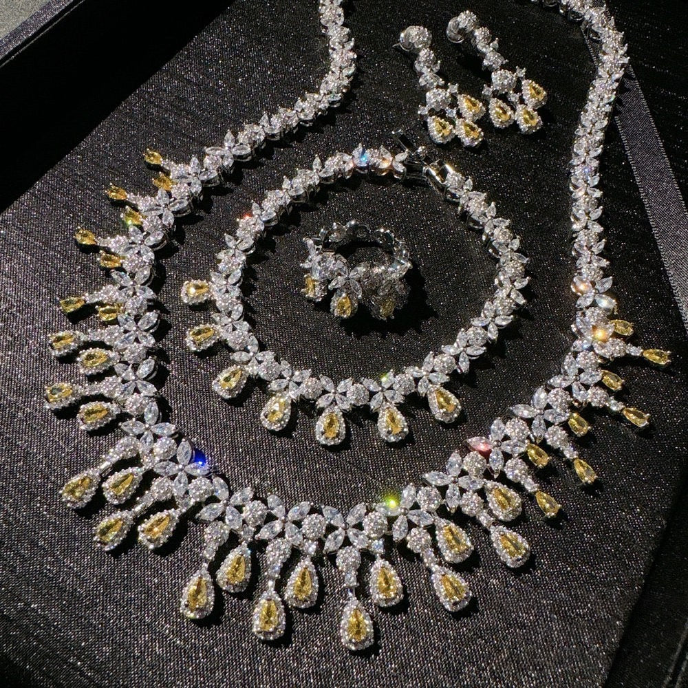 Austrian Crown Waterdrop Flower Gemstone Necklace Vintage Plated 18K Gold Twilight Yellow Teardrop Zircon Bracelet