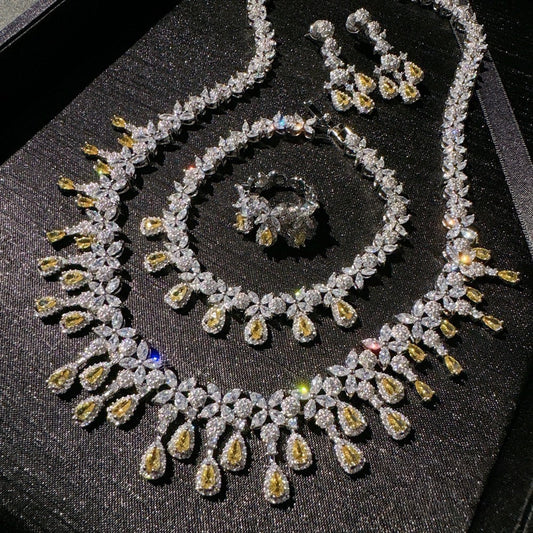 Austrian Crown Waterdrop Flower Gemstone Necklace Vintage Plated 18K Gold Twilight Yellow Teardrop Zircon Bracelet