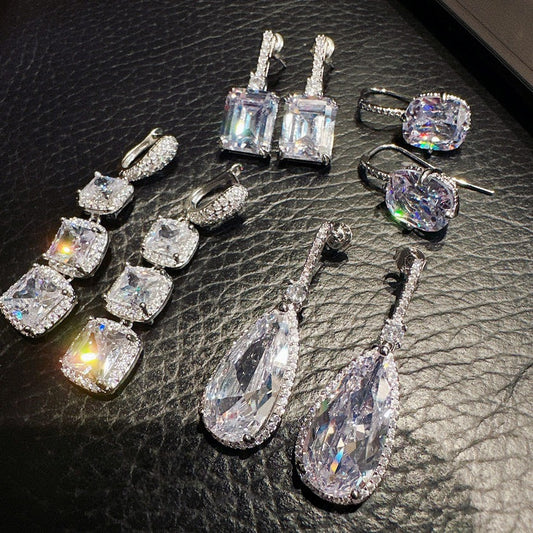 Seine River Water Drop Gem Eardrops Star River Sparkling 18K Gold Geometric Rectangular Zircon Snowflake Cutting Earrings