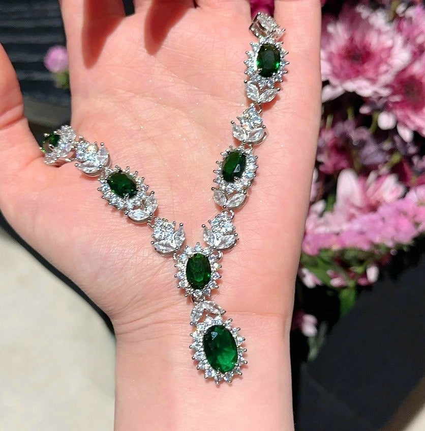 Mojito Green Water Drop Gemstone Necklace Rich Lady's Happiness Plated 18K Gold Emeralds Wheat Ears Zircon Ring