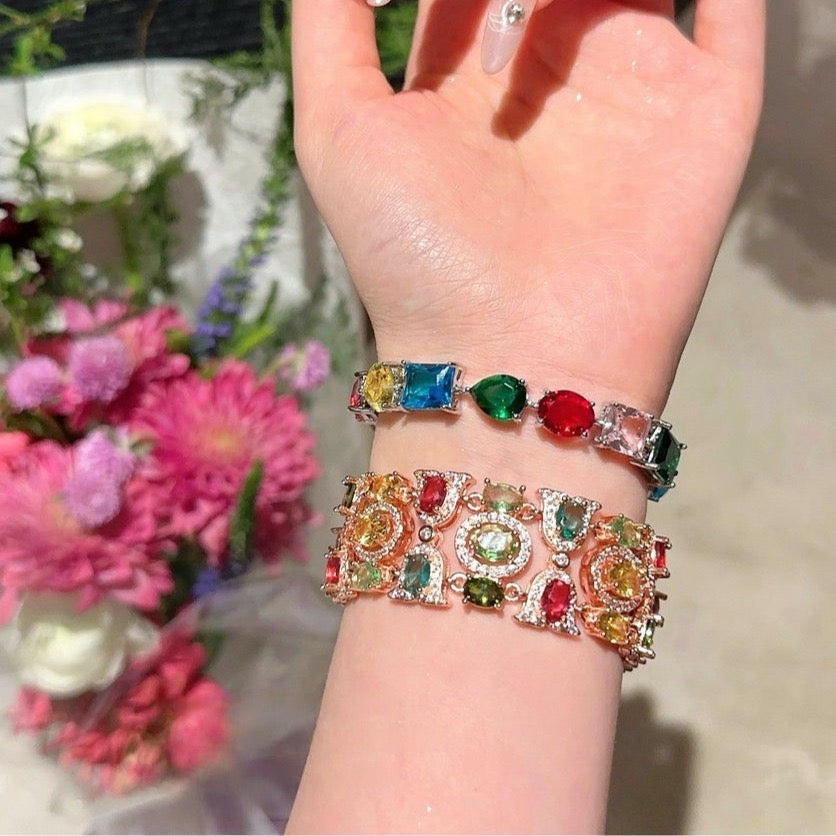 Austrian Palace Rainbow Gem Bracelet Fantasy Bubble Plated 18K Gold Margarita Color Treasure Zircon Ring