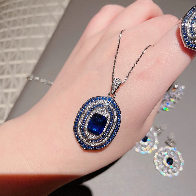 Deep sea sapphire flower necklace designer plated with 18K gold, navy blue zircon, multi-layer geometric surround flower earrings