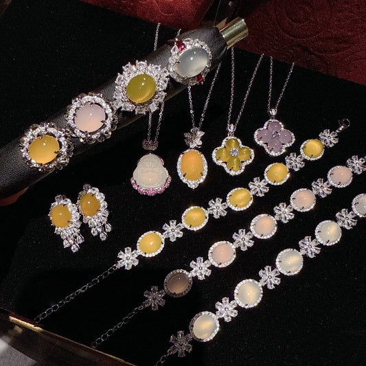 Jewelry Aurora Brazil Egg shaped White Jade Marrow Flower God Gemstone Bracelet New Chinese Chicken Oil Yellow Jade Marrow Necklace Set