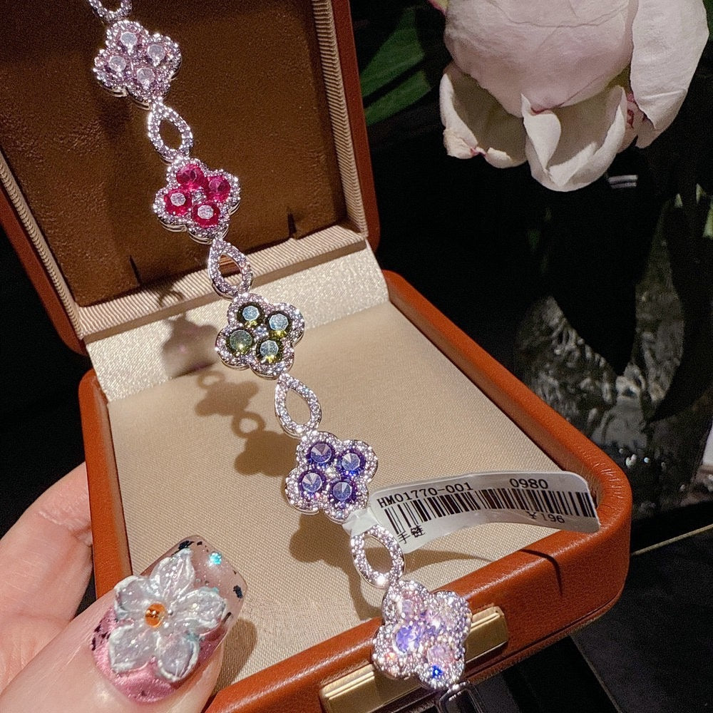 Midsummer Night's Dream Ruby Bracelet Banquet High Ding Color Treasure Small Flower Zircon Bracelet Set