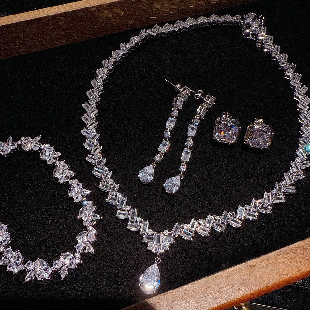 Italian vintage wheat ear water drop gemstone necklace with sparkling petals and zircon bracelet set
